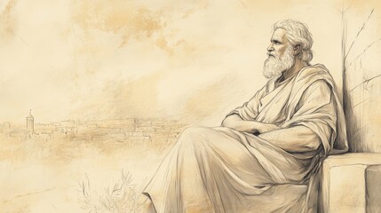 Fototapeta premium Mordecai’s Legacy: An Elder Statesman Reflects on His Journey and Leadership as He Observes the Flourishing City of Susa - Biblical Illustration