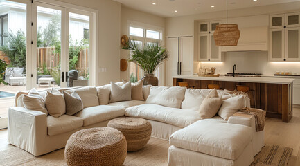 Fototapeta premium Beautiful living room in a small space with neutral tones, light wood floors and kitchen with white cabinets in the background.