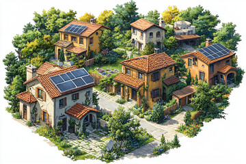 Obraz premium Sustainable eco-village with solar-powered homes, communal gardens, and natural water systems