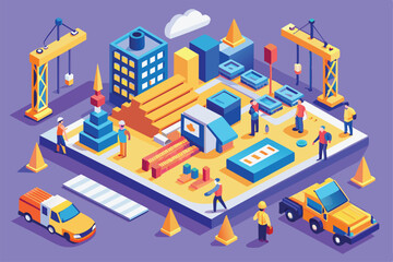 Workers are busy at a construction site, operating cranes and trucks while organizing materials and building structures in a vibrant isometric layout.