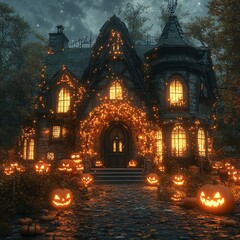 Obraz premium Haunted house decorated a spooky Halloween party complete with eerie lights and pumpkins