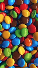 Obraz premium Many Colorful button-shaped candies filled with chocolate wallpaper, flat lay
