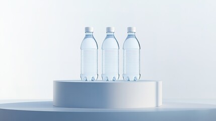 Bottled water showcased on a podium in front of a white background, ideal for advertising and promotional use