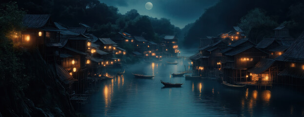 Obraz premium Serene river village at night, illuminated by warm lights, reflecting tranquility under a full moon.