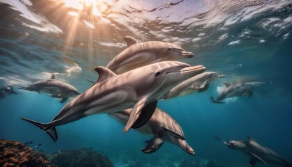 Obraz premium A pod of long-beaked common dolphins swim through 