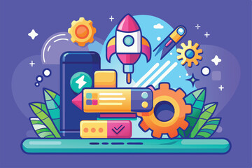 A vibrant flat illustration showcases a rocket launching amidst gears, settings, and technology symbols, emphasizing customizable upgrade concepts.