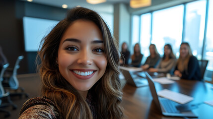 Team leader taking a selfie in a conference room with colleagues professional and collaborative environment