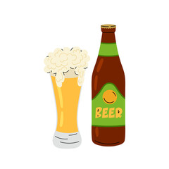 Glass bottle of beer. Alcoholic beverage. A glass of light foamy beer. Oktoberfest. Flat illustration on white background.