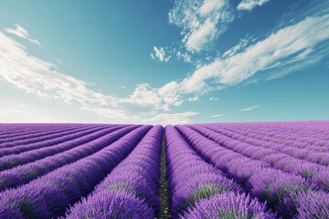 Fototapeta premium A lavender field in Provence, France, with rows of purple flowers stretching to the horizon under a bright blue sky, creating a serene and peaceful atmosphere