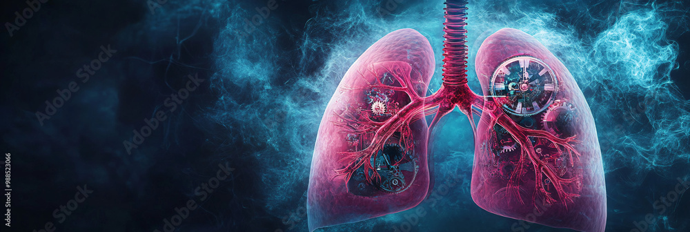 Aufkleber lungs. human lungs as clockwork mechanisms. dark backdrop. time and respiration. ethical issues in b