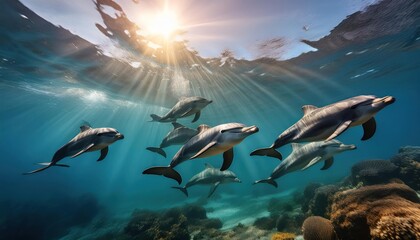 Fototapeta premium A pod of long-beaked common dolphins swim through 