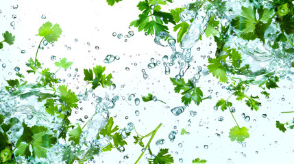 The leaves of fresh fragrant parsley are mixed with clear transparent water on a white background. Washing natural organic greens. Drops of water fall on the parsley leaves