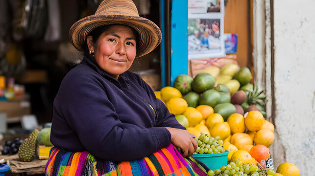 A bolivian cholita woman wearing a traditional hat and colorful skirt sits among fresh fruits at a market, exuding warmth and cultural heritage