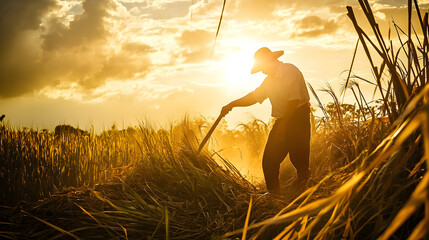 A brazilian sugarcane worker cuts stalks at sunset, surrounded by the glowing fields and clouds, creating a warm, golden atmosphere of harvest time
