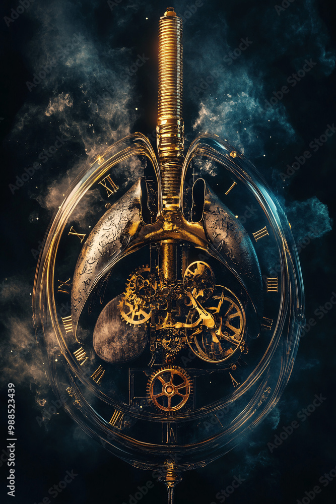 Poster lungs. human lungs as clockwork mechanisms. dark backdrop. time and respiration. ethical issues in b