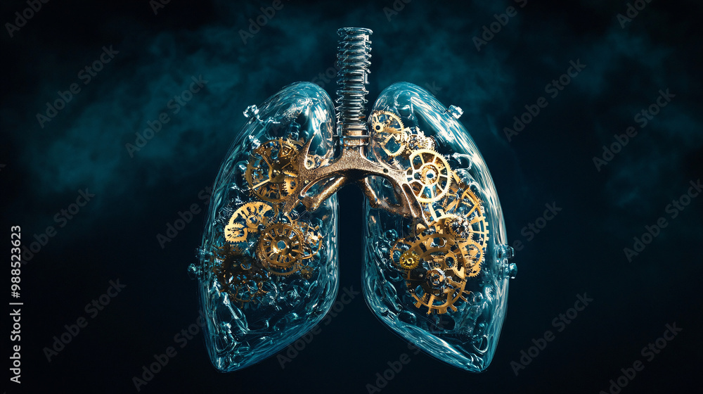 Poster lungs. human lungs as clockwork mechanisms. dark backdrop. time and respiration. ethical issues in b
