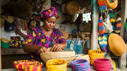 A haitian craftswoman skillfully weaves colorful baskets from natural materials, surrounded by vibrant handmade items in a lively workshop