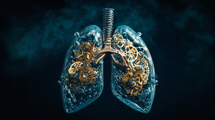 Fototapeta premium Lungs. Human lungs as clockwork mechanisms. Dark backdrop. Time and respiration. Ethical issues in bio-clock augmentation. 