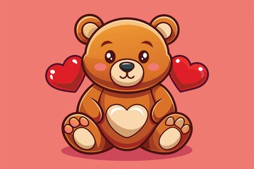 Obraz premium A cute teddy bear with a heart on its belly sits against a pink background, surrounded by floating hearts, perfect for Valentine's Day gifting.