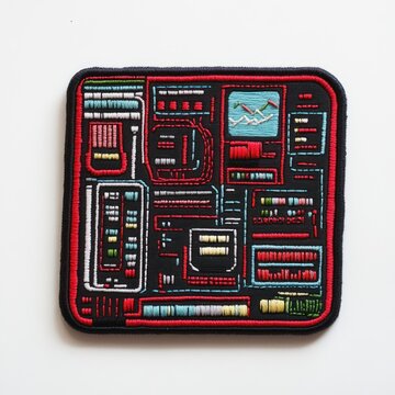A black square embroidered patch with red, white, green, and blue details that looks like a futuristic computer interface.