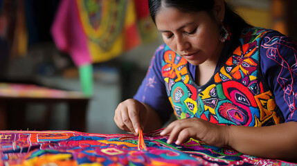 A panamanian artisan is meticulously crafting traditional molas, showcasing vibrant colors and intricate designs, reflecting cultural heritage and skill