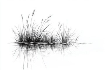 Obraz premium Reeds and grass reflecting in calm water, white isolate background.