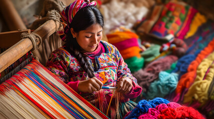 Fototapeta premium A peruvian woman skillfully weaves colorful textiles, showcasing vibrant patterns in a traditional setting surrounded by yarns and crafted fabrics