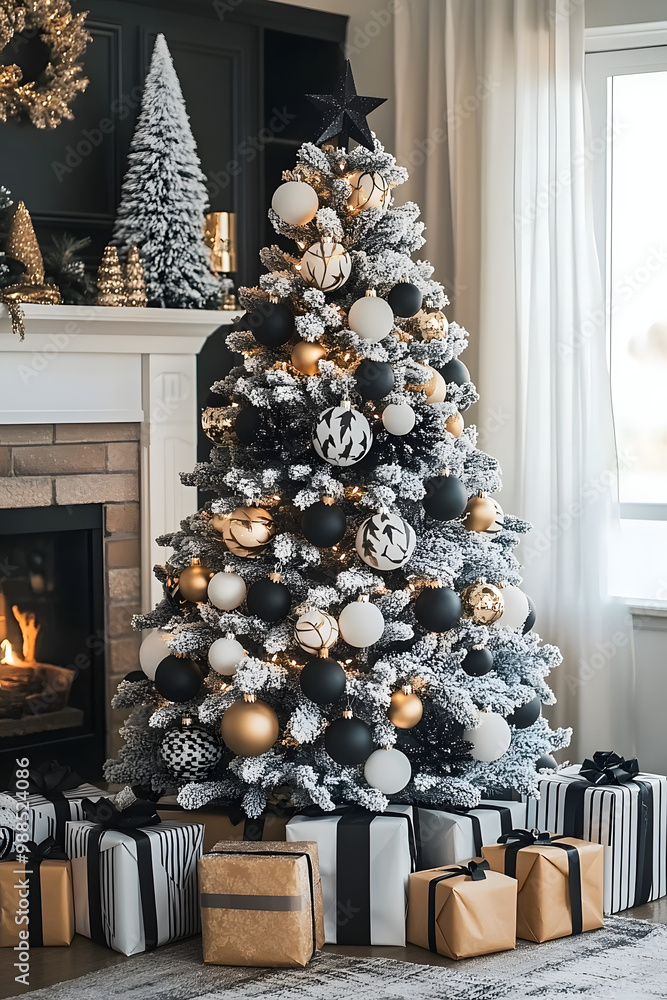 Wall mural A beautifully decorated frosted Christmas tree with black and white ornaments stands in a cozy room, surrounded by neatly wrapped presents.