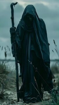 Video recreation of a Grim Reaper, death with a black robe and mummified black skull