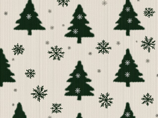 Fototapeta premium Festive Green Christmas Sweater Pattern with Christmas Trees and Snowflakes