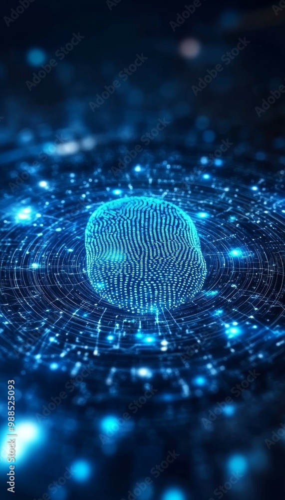 Poster futuristic biometric security fingerprint scan authentication on blue circuit board background