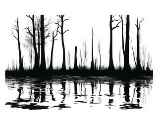 Silhouetted trees reflecting on a calm water surface, white isolated background.