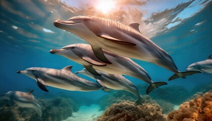 Fototapeta premium A pod of long-beaked common dolphins swim through 
