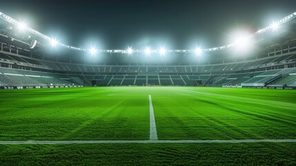 Obraz premium Stadium under white floodlights, emphasizing the bright green grass and empty stands