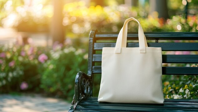 Tote bag mockup concept image with a blank tote bag sitting outside in a park on sunny day for the large sturdy cloth unfastened bag with parallel handles with copy space
