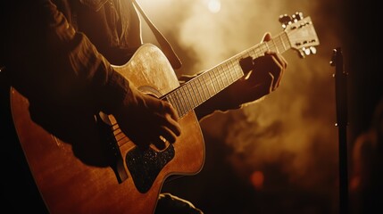 Obraz premium Close-up of a Guitarist Playing Acoustic Guitar on Stage