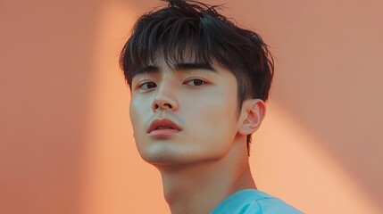 Handsome young man posing against peach background