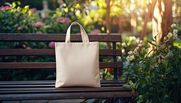 Tote bag mockup concept image with a blank tote bag sitting outside in a park on sunny day for the large sturdy cloth unfastened bag with parallel handles with copy space
