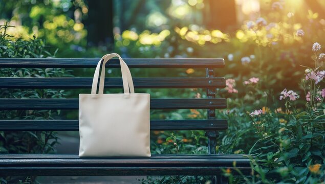 Tote bag mockup concept image with a blank tote bag sitting outside in a park on sunny day for the large sturdy cloth unfastened bag with parallel handles with copy space
