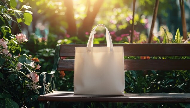 Tote bag mockup concept image with a blank tote bag sitting outside in a park on sunny day for the large sturdy cloth unfastened bag with parallel handles with copy space