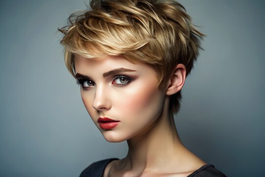 The female model's short, layered pixie haircut is imbued with a carefree spirit, its tousled texture and volume