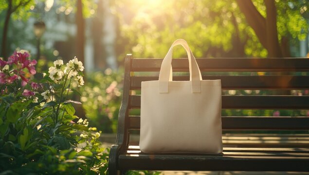 Tote bag mockup concept image with a blank tote bag sitting outside in a park on sunny day for the large sturdy cloth unfastened bag with parallel handles with copy space