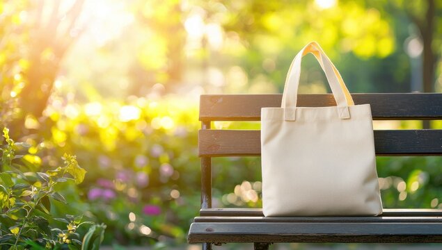 Tote bag mockup concept image with a blank tote bag sitting outside in a park on sunny day for the large sturdy cloth unfastened bag with parallel handles with copy space