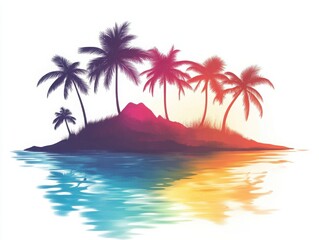 Obraz premium Tropical island with palm trees and colorful sunset reflections on water.