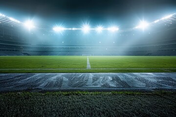 Stadium under silver floodlights, the field gleaming under the bright light