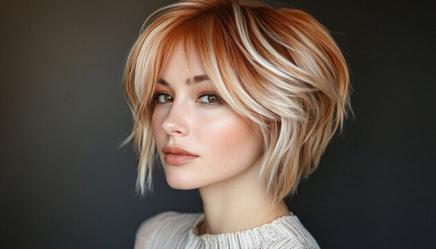 Beautiful woman posing with trendy hairstyle on dark background