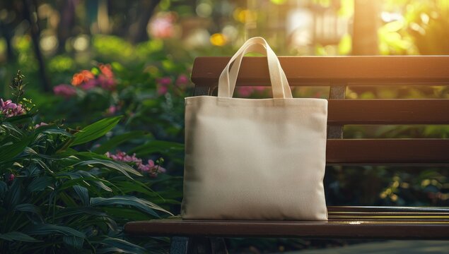 Tote bag mockup concept image with a blank tote bag sitting outside in a park on sunny day for the large sturdy cloth unfastened bag with parallel handles with copy space