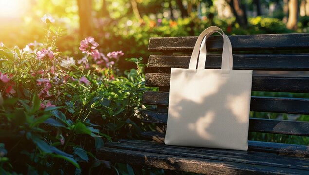 Tote bag mockup concept image with a blank tote bag sitting outside in a park on sunny day for the large sturdy cloth unfastened bag with parallel handles with copy space