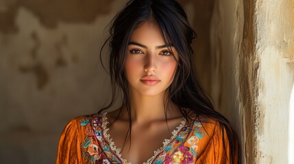 Beautiful latin woman posing in traditional mexican dress