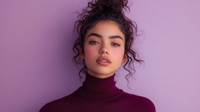 Young latin woman posing with neutral expression on purple background